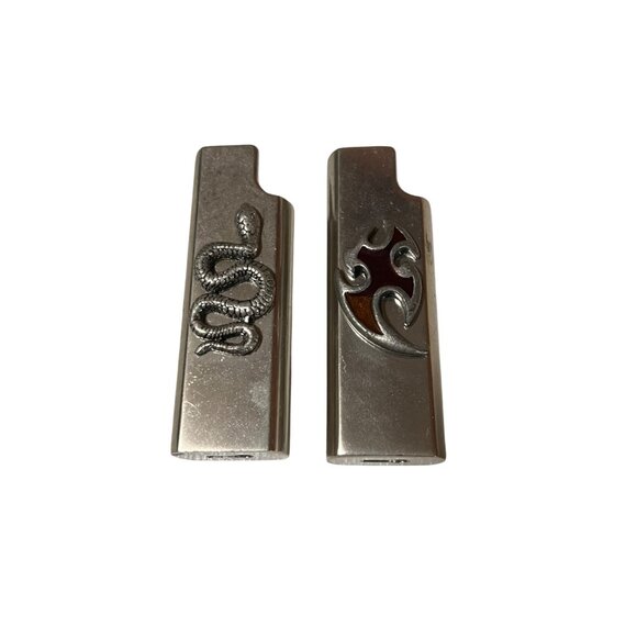 Pair Of Metal Decorative Lighter Covers With Snake & Tribal Flame‎ Designs - Picture 1 of 6